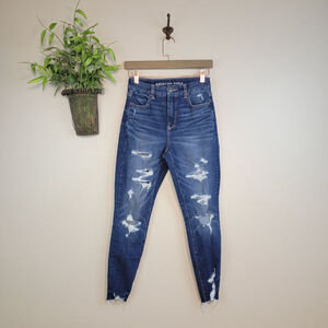 AE 2 American Eagle Curvy Hi Rise Jegging Skinny Dream Jeans Distressed Frayed